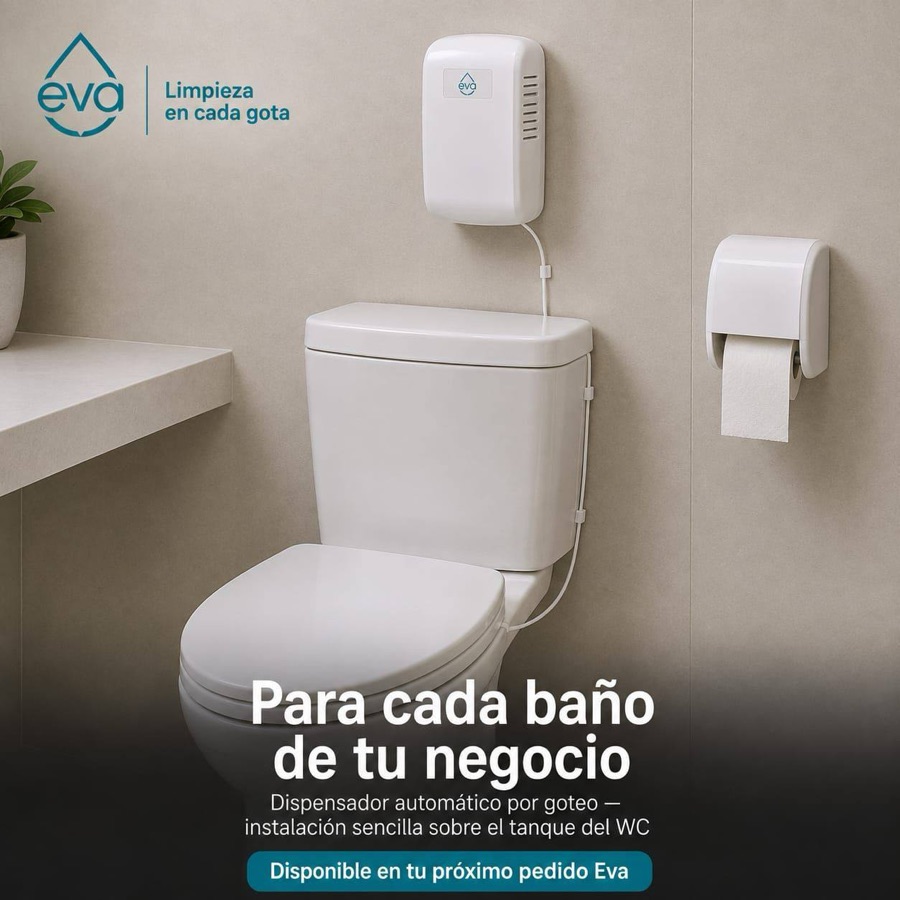 Dispensador automático por goteo EVA instalado sobre el tanque del WC
