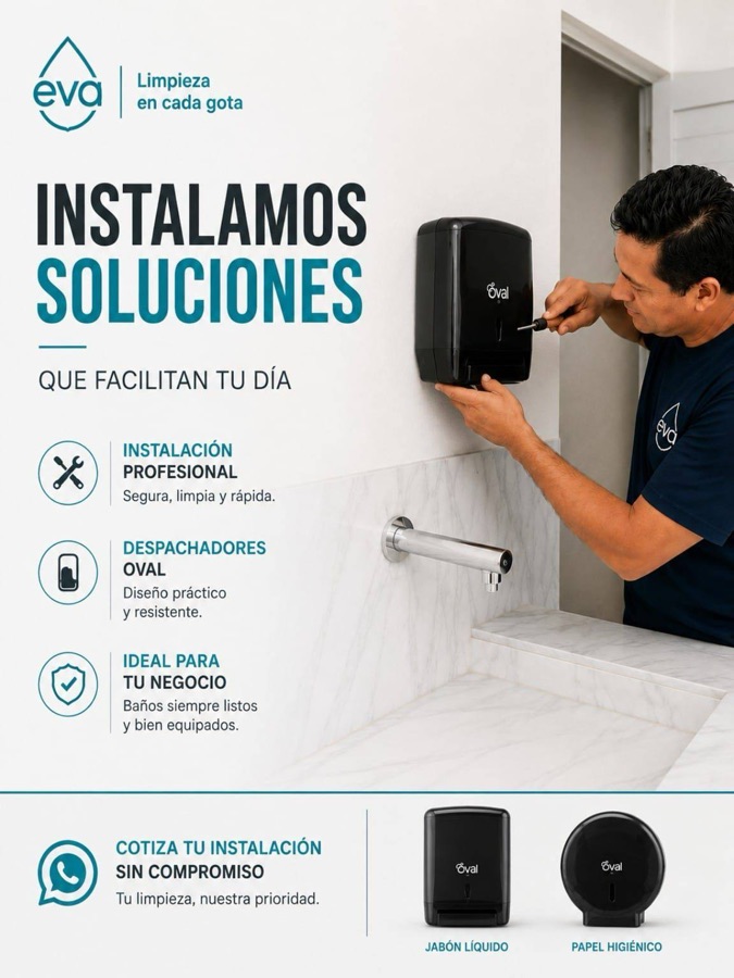 Técnico de EVA instalando un despachador de jabón en un baño