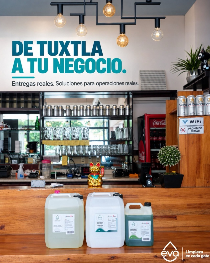 Productos EVA en galones sobre la barra de un restaurante en Tuxtla